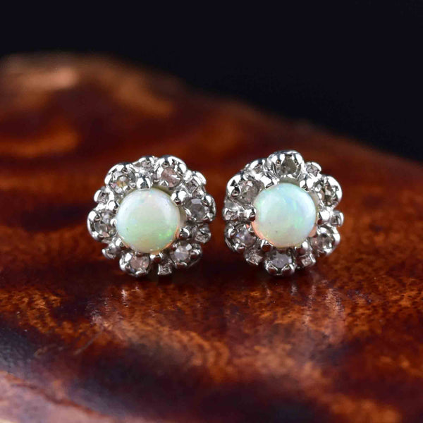 Vintage 14K White Gold Diamond Halo Opal Stud Earrings - Boylerpf