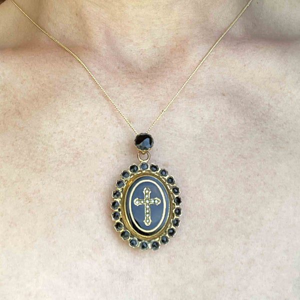 Antique Victorian Carved Whitby Jet Seed Pearl Cross Locket - Boylerpf