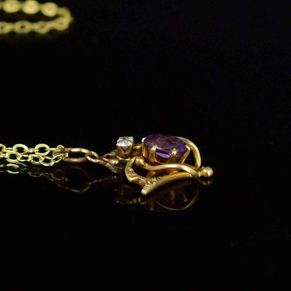 Antique Edwardian 14K Gold Diamond Amethyst Pendant Necklace - Boylerpf