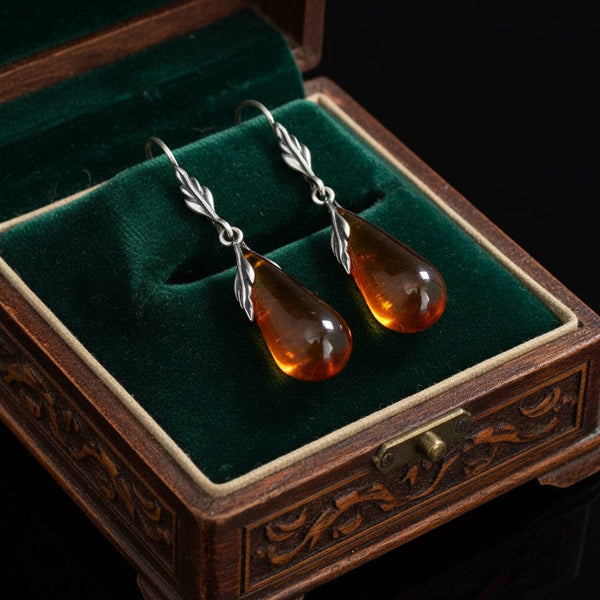 Arts and Crafts Silver Leaf Cabochon Drop Amber Earrings - Boylerpf