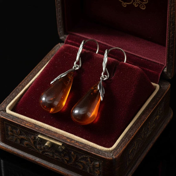Arts and Crafts Silver Leaf Cabochon Drop Amber Earrings - Boylerpf