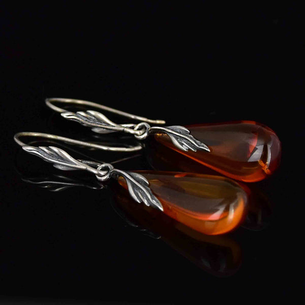 Arts and Crafts Style Silver Leaf Amber Cabochon Drop Earrings - Boylerpf