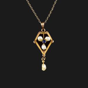 Edwardian 10K Gold Pearl Sapphire Lavalier Pendant Necklace - Boylerpf