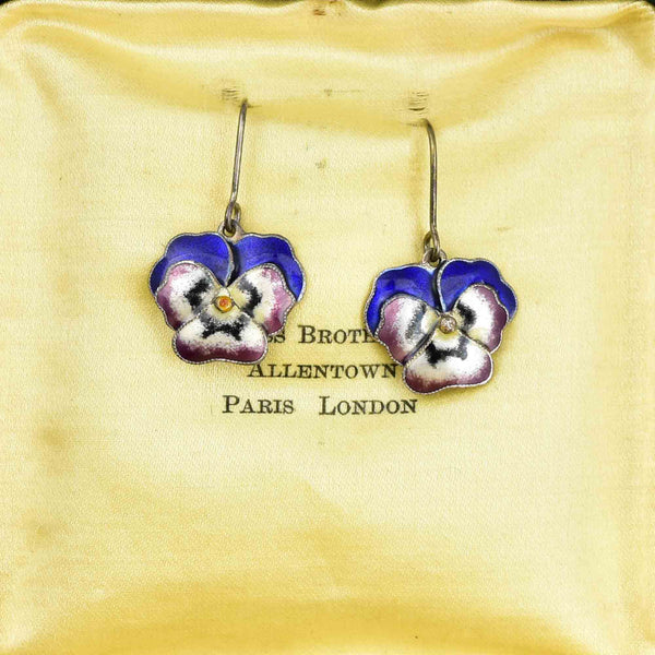 Vintage Art Nouveau Style Enamel Pansy Drop Earrings - Boylerpf