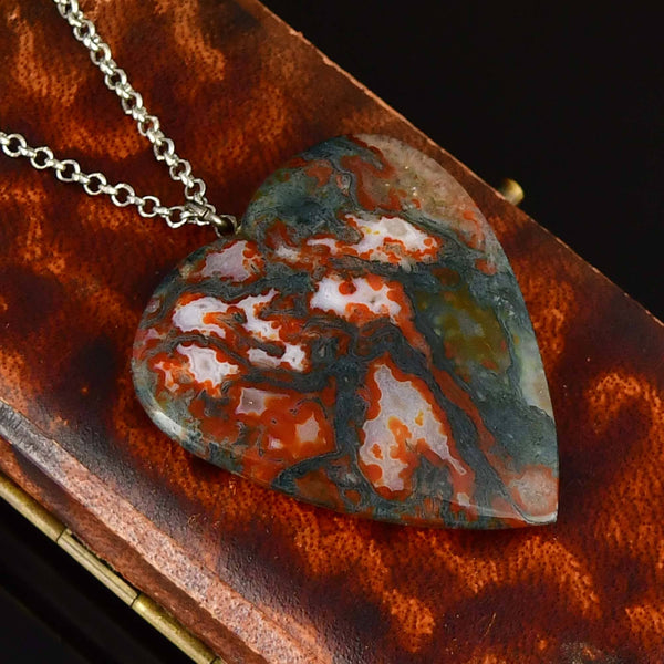 Vintage Scottish Moss Agate Heart Silver Necklace