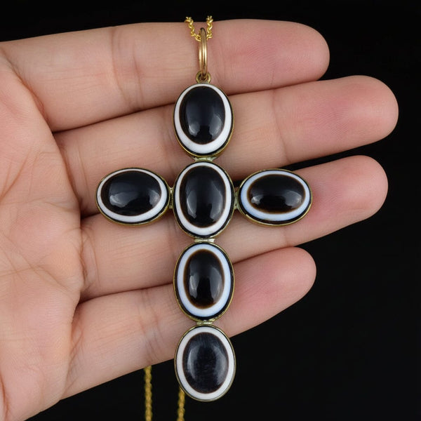 Victorian Bullseye Agate Cross Pendant Pinchbeck Necklace