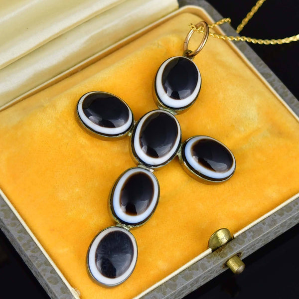 Victorian Bullseye Agate Cross Pendant Pinchbeck Necklace