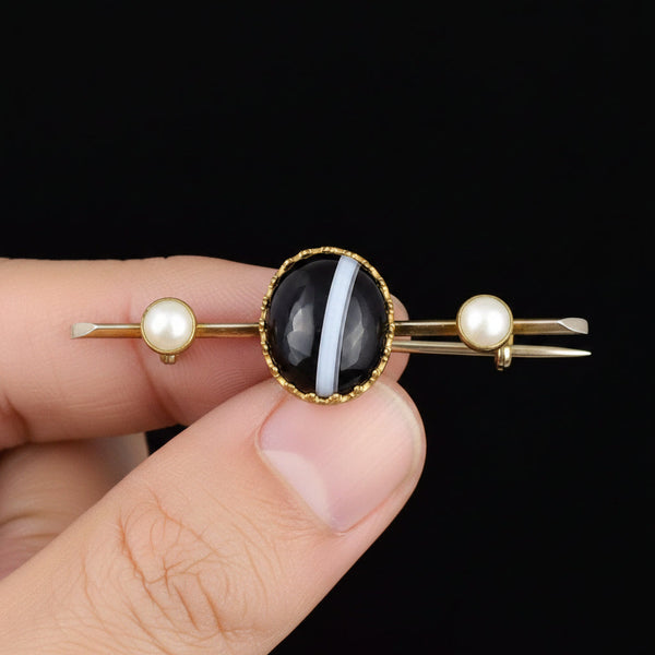 Antique Victorian Banded Agate Pearl Brooch