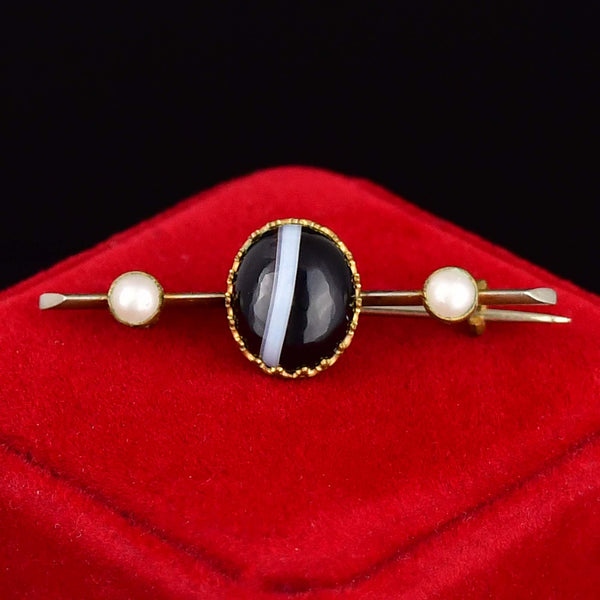 Antique Victorian Banded Agate Pearl Brooch