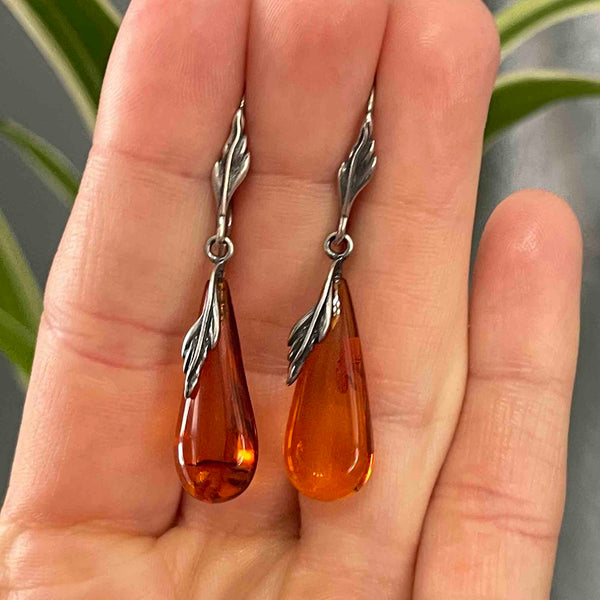 Arts and Crafts Style Silver Leaf Amber Cabochon Drop Earrings - Boylerpf