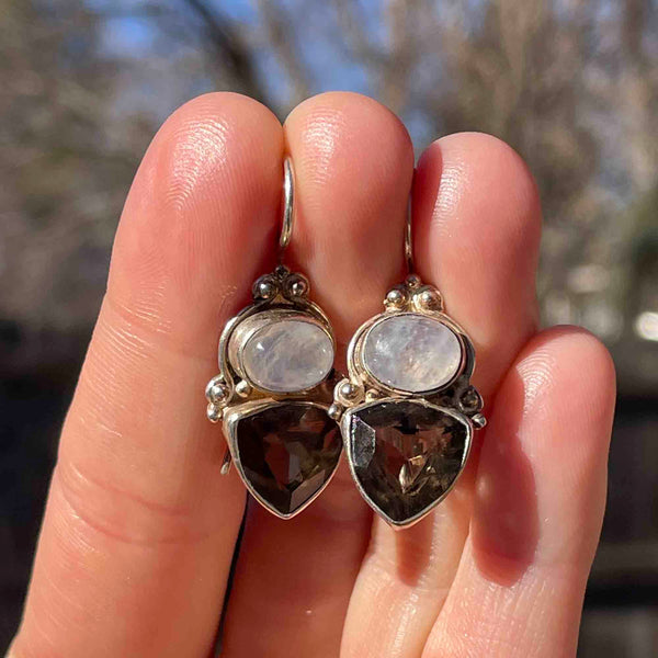 Silver Moonstone Cabochon Smoky Quartz Drop Earrings - Boylerpf