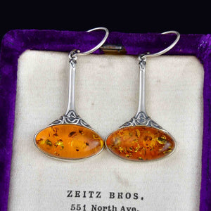Arts and Crafts Style Silver East West Amber Cabochon Earrings - Boylerpf
