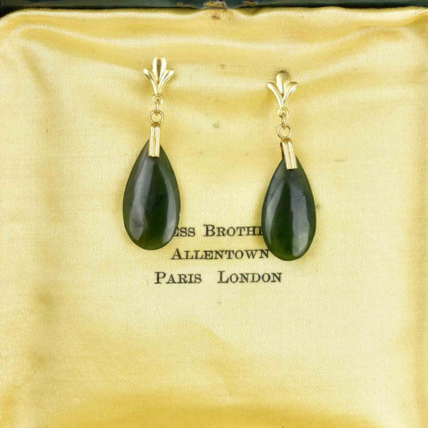 14K Gold Fluer de Lis Jade Teardrop Earrings - Boylerpf