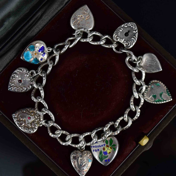 Antique Personalized Silver Enamel Puffy Heart Charm Bracelet - Boylerpf