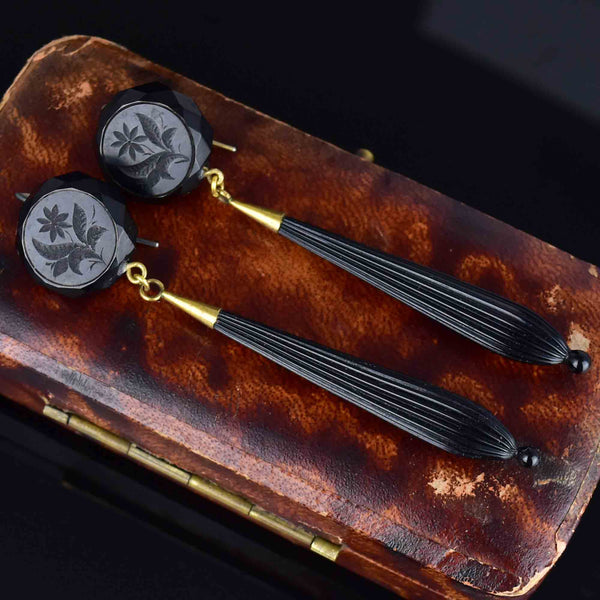 Antique Carved Whitby Jet French Jet Mourning Drop Earrings - Boylerpf