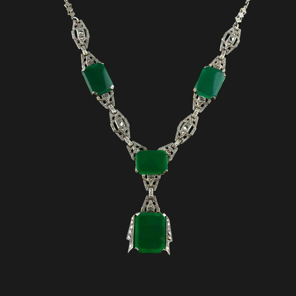 Art Deco Silver Chrysoprase Marcasite Necklace - Boylerpf