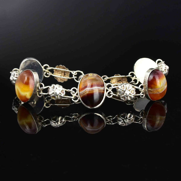 Arts and Crafts Style Silver Floral Banded Agate Bracelet - Boylerpf