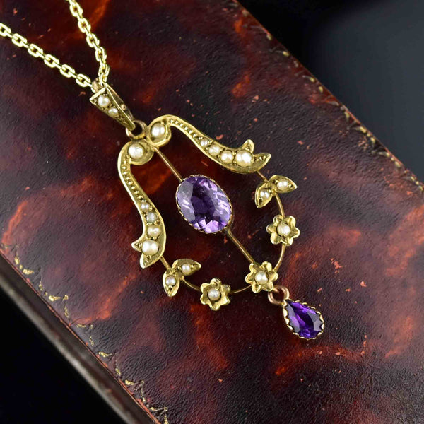Antique Art Nouveau Gold Amethyst Pearl Lavaliere Necklace - Boylerpf