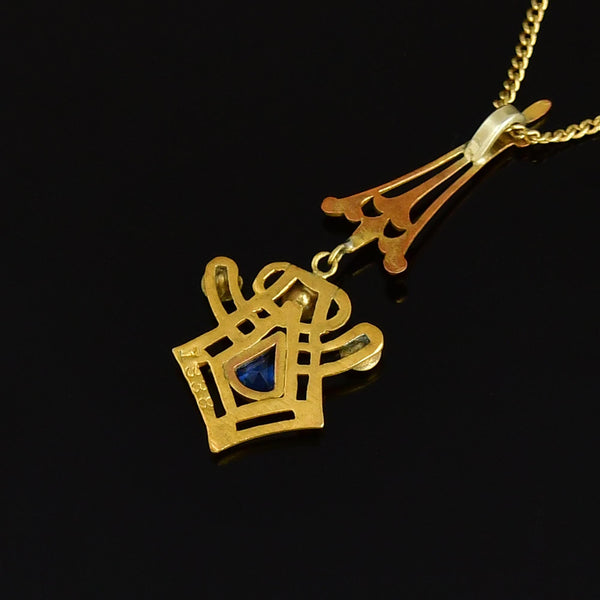 10K Gold Art Nouveau Blue Sapphire Lavalier Pendant Necklace