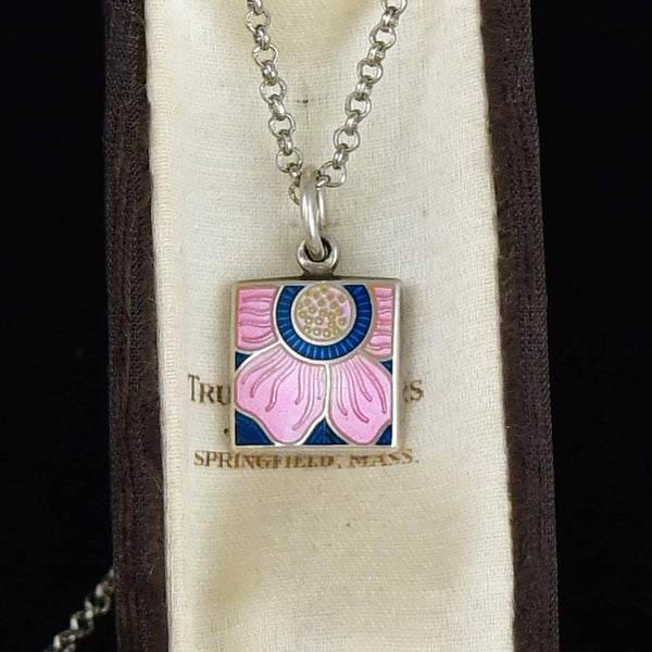 Sterling Silver Arts & Crafts Enamel Lotus Flower Necklace