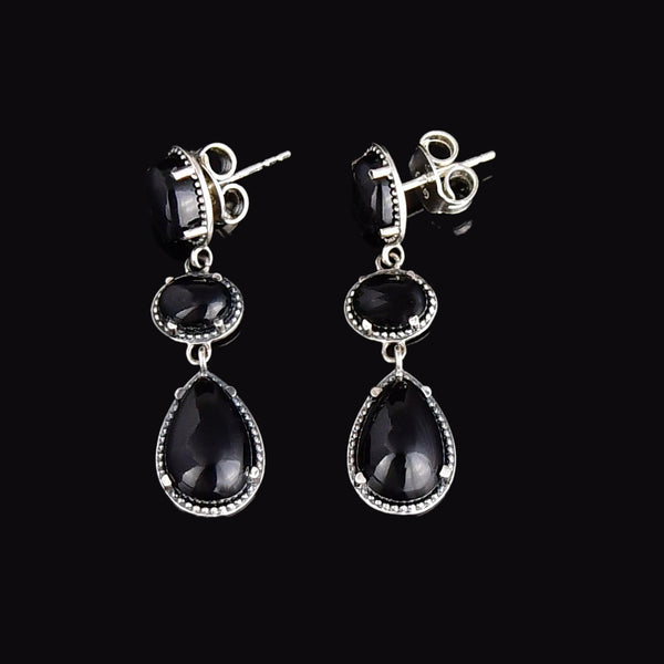 Vintage Sterling Silver Black Onyx Three Stone Drop Earrings - Boylerpf