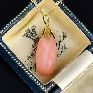 Vintage Large Teardrop Natural Coral 18K Gold Pendant Necklace - Boylerpf