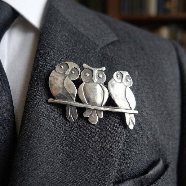 Vintage Three Wise Owls Sterling Silver Brooch