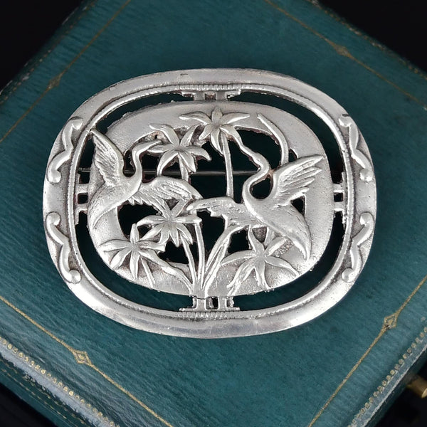Arts & Crafts Sterling Silver Crane Bird Brooch