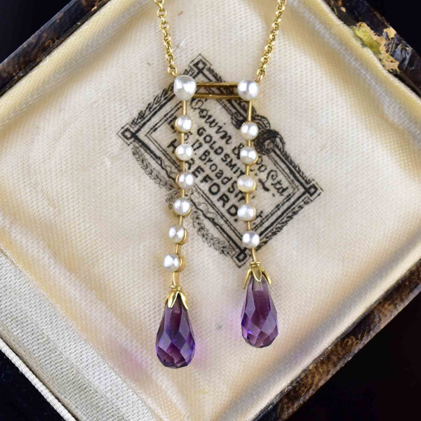 Vintage 14K Gold Pearl Amethyst Lavaliere Necklace - Boylerpf