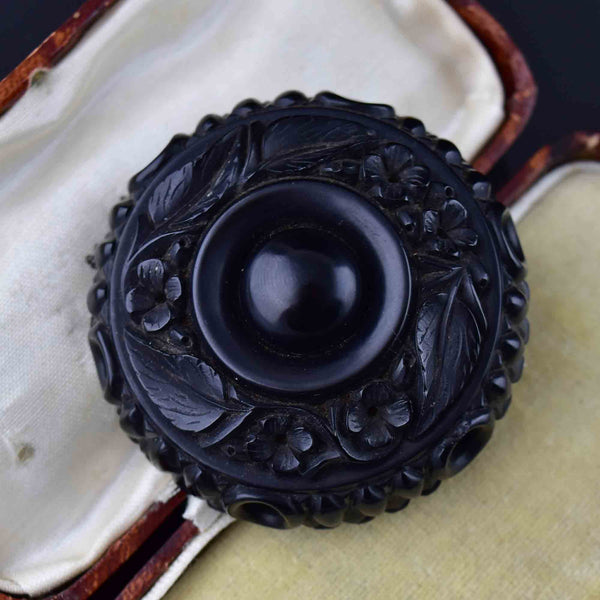 Antique Victorian Carved Whitby Jet Forget Me Not Brooch - Boylerpf