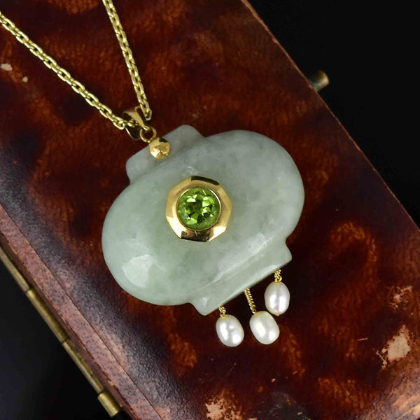 Vintage 14K Gold Carved Jade Peridot Pearl Pendant Necklace - Boylerpf