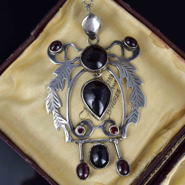 Vintage Large Sterling Silver Leaf Garnet Cabochon Pendant Necklace - Boylerpf