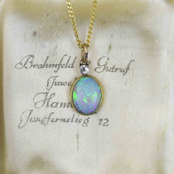 14K Gold Antique Opal Diamond Charm Pendant Necklace - Boylerpf