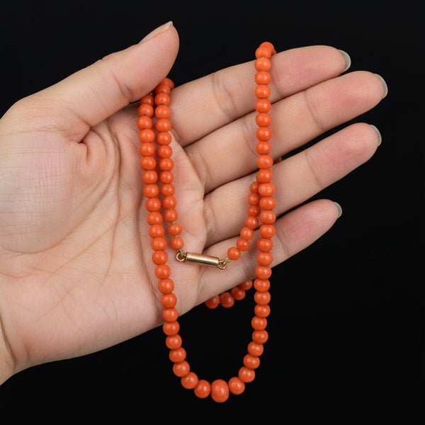 Antique Salmon Coral Bead Necklace 9K Gold Clasp