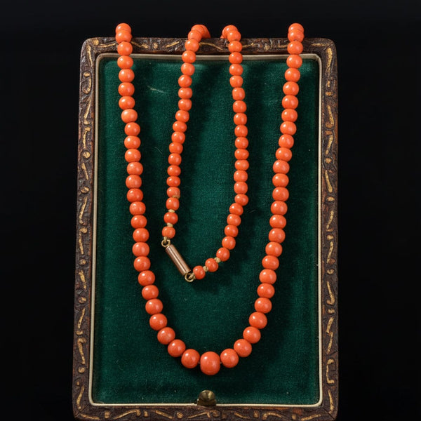Antique Salmon Coral Bead Necklace 9K Gold Clasp
