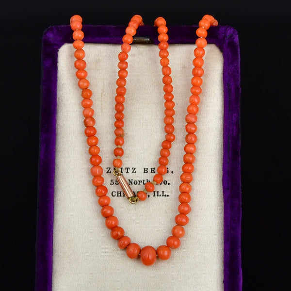 Antique Salmon Coral Bead Necklace 9K Gold Clasp