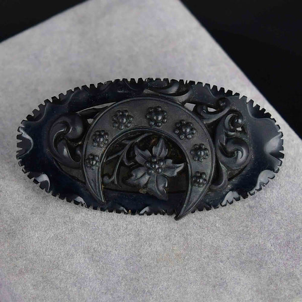 Victorian Carved Whitby Jet Crescent Moon Floral Brooch - Boylerpf