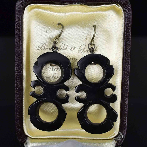 Antique Victorian Carved Whitby Jet Geometric Drop Earrings - Boylerpf