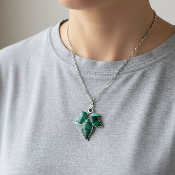 Antique Victorian Malachite Silver Ivy Leaf Pendant Necklace - Boylerpf
