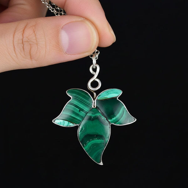 Antique Victorian Malachite Silver Ivy Leaf Pendant Necklace - Boylerpf