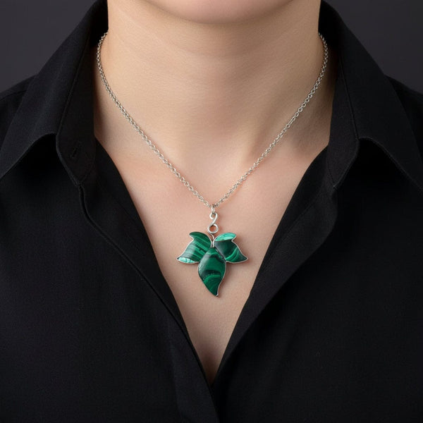 Antique Victorian Malachite Silver Ivy Leaf Pendant Necklace - Boylerpf