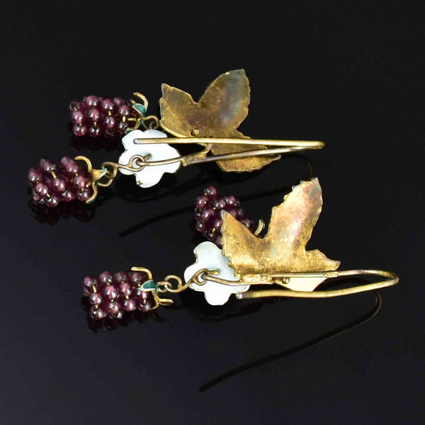 Vintage Silver Amethyst Raspberry Enamel Leaf Earrings - Boylerpf