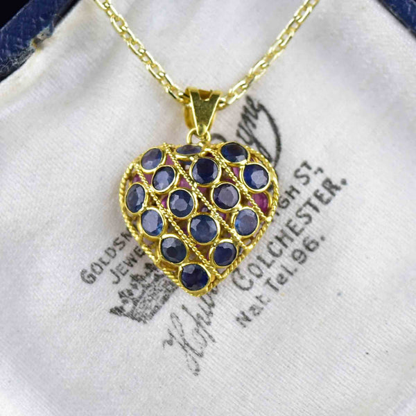 Filigree 18K Gold Ruby Blue Sapphire Heart Pendant Necklace - Boylerpf