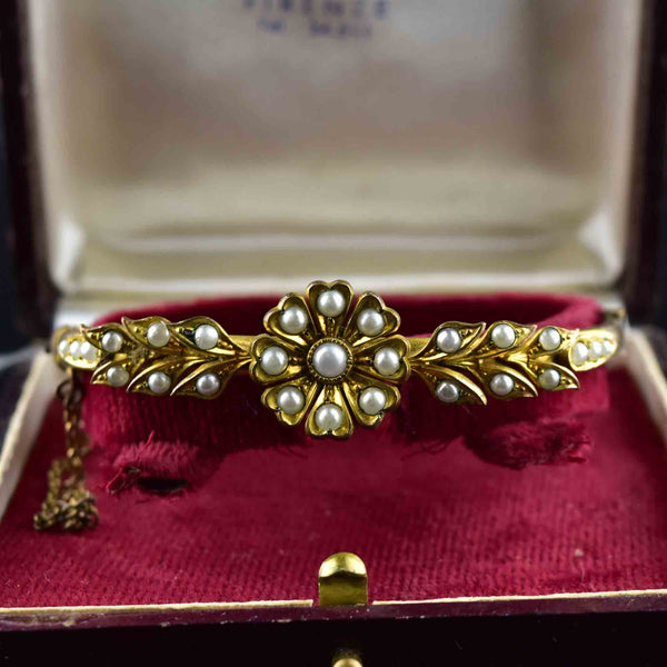 Vintage Victorian Style Seed Pearl Floral Bangle Bracelet - Boylerpf