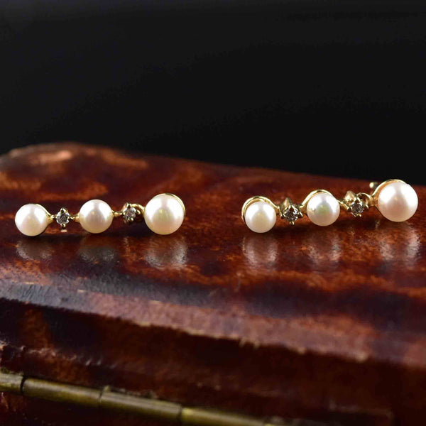 Vintage 14K Gold Diamond Pearl Drop Earrings - Boylerpf