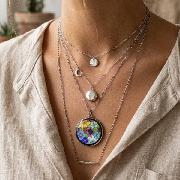 Vintage Arts & Crafts Silver Enamel Flower Necklace