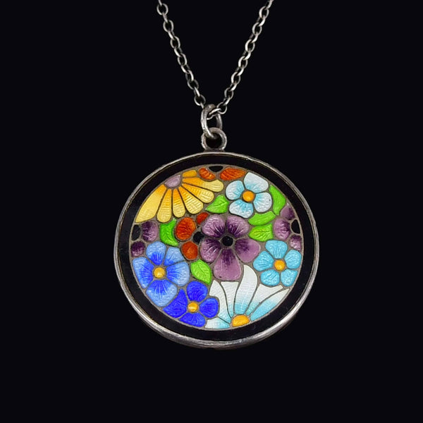 Vintage Arts & Crafts Silver Enamel Flower Necklace