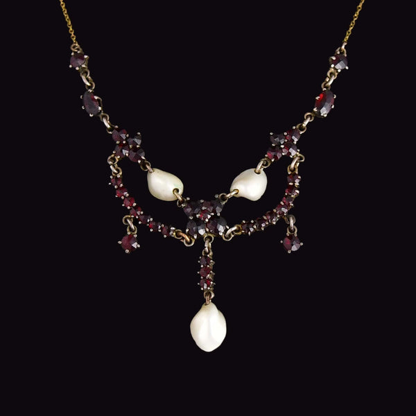 Antique Bohemian Garnet Pearl Victorian Necklace