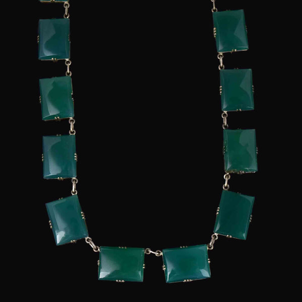 Art Deco Silver Chrysoprase Chalcedony Chain Necklace - Boylerpf