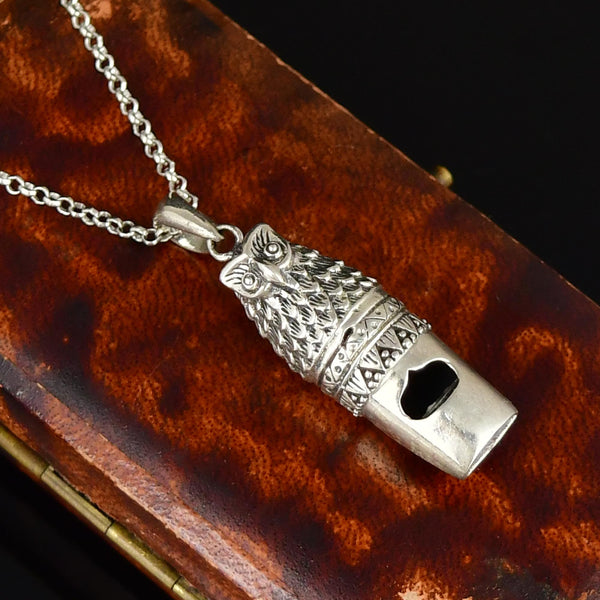Vintage Owl Whistle Pendant Sterling Silver Necklace